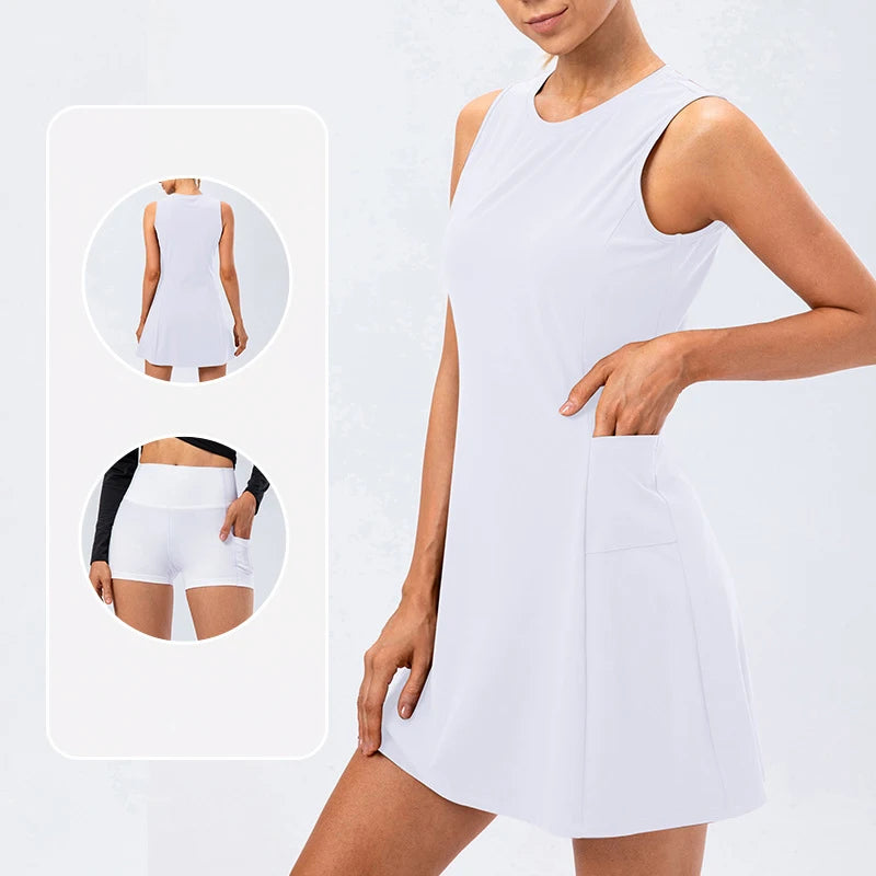 Women Tennis Dress With Built In Shorts Sleeveless Skirt Set With Pockets