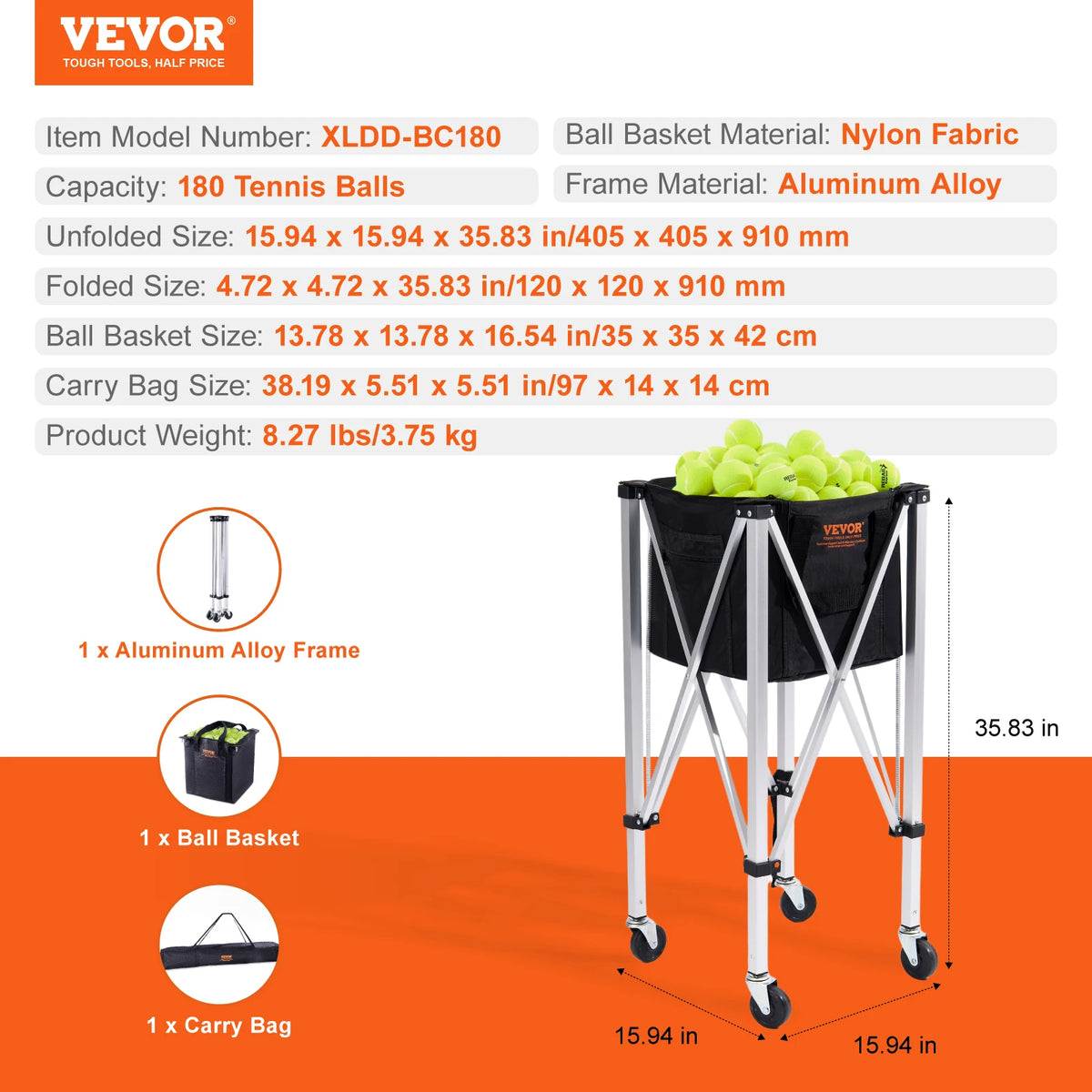 SucceBuy Foldable Tennis Ball Hopper Cart With Wheels For Training