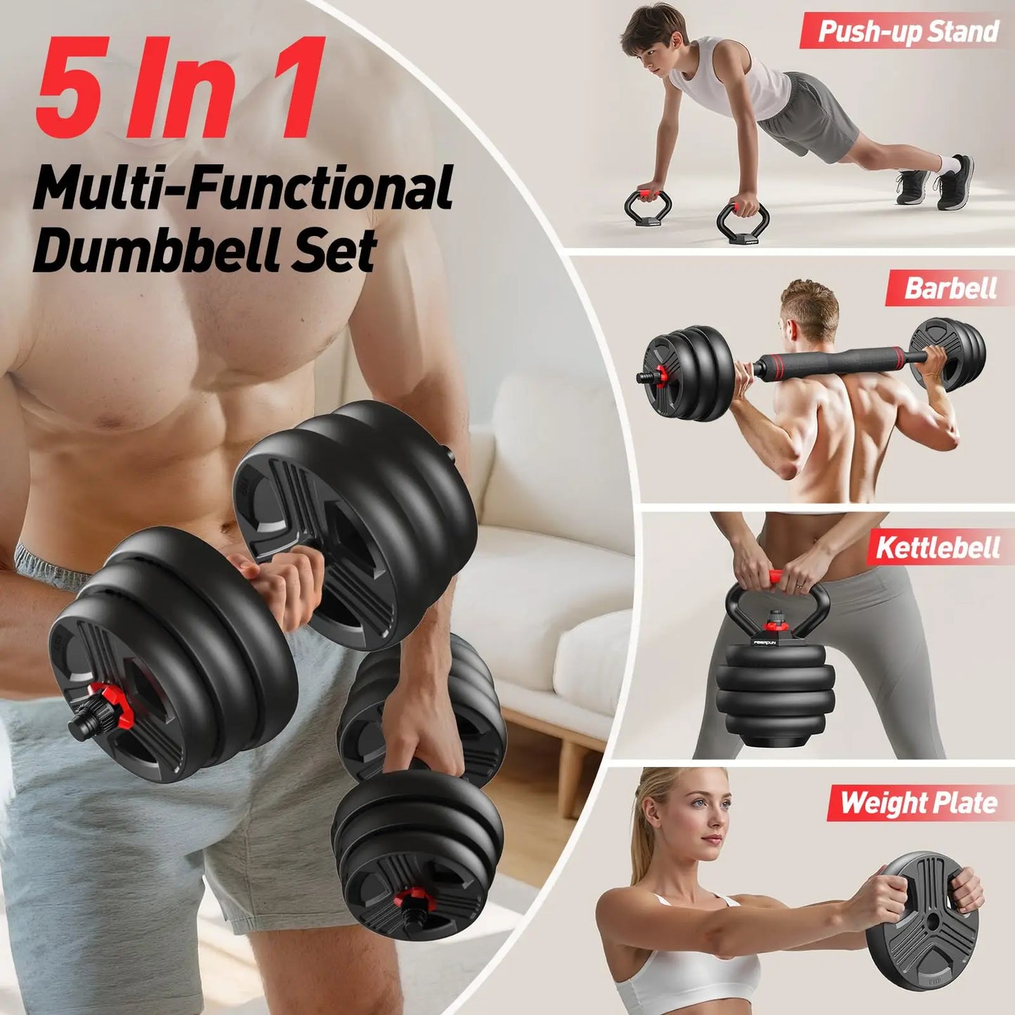 FED Fitness Adjustable 5 In 1 Dumbbell Barbell Kettlebell Stand