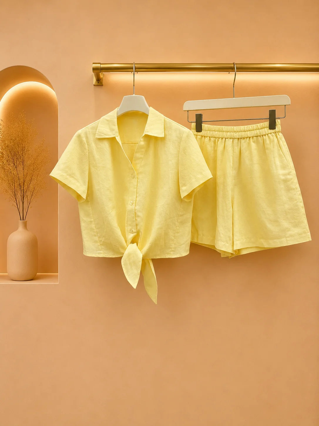 2026 Women Two Piece Set Luxe Texture Linen Knotted Front Shirt Voluminous Short Matching Set