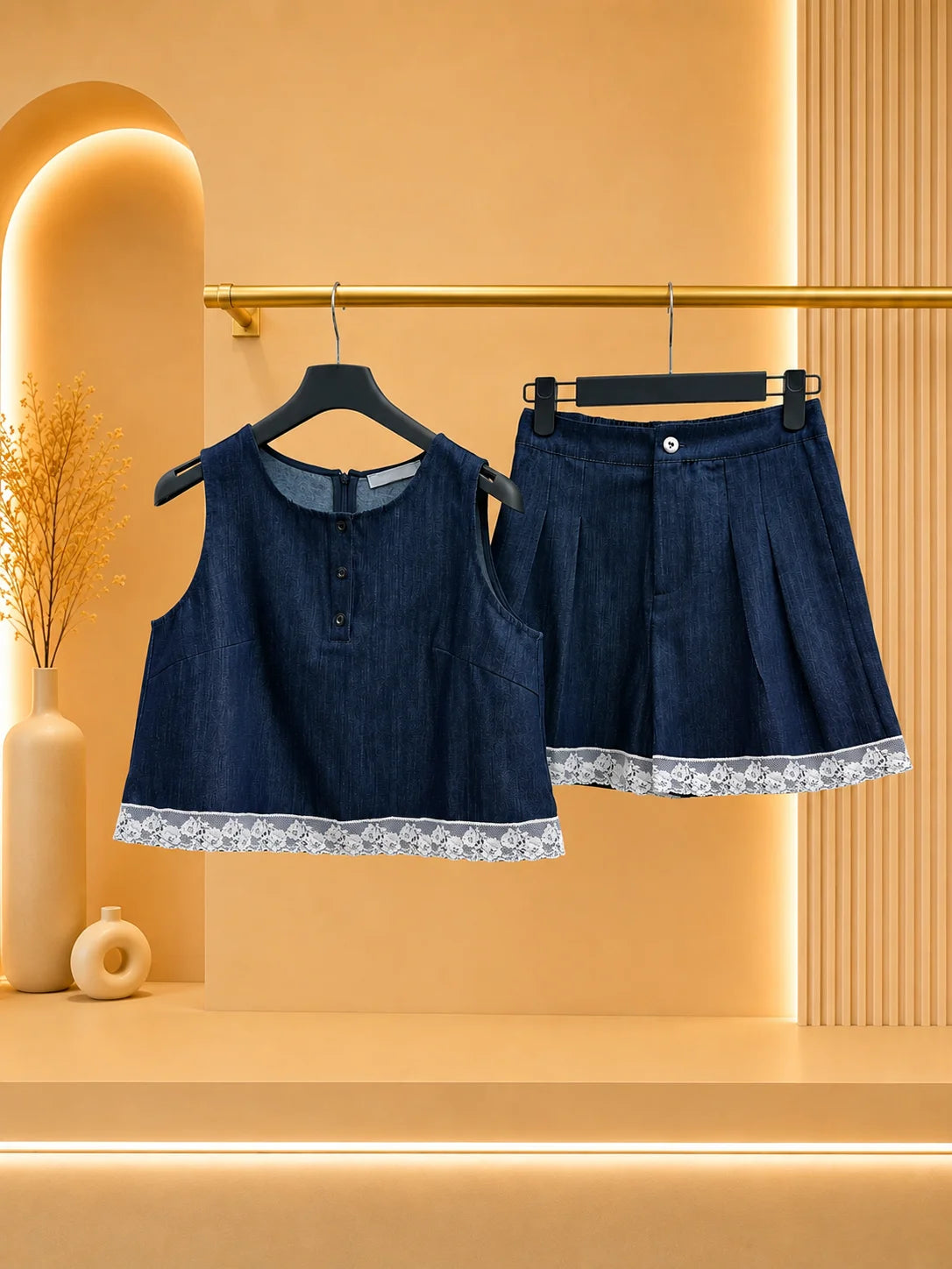 2026 Women Two Piece Set Sleeveless Half Placket Top Pleated Short Bottom Ornate Lace Hem Trim Outfit