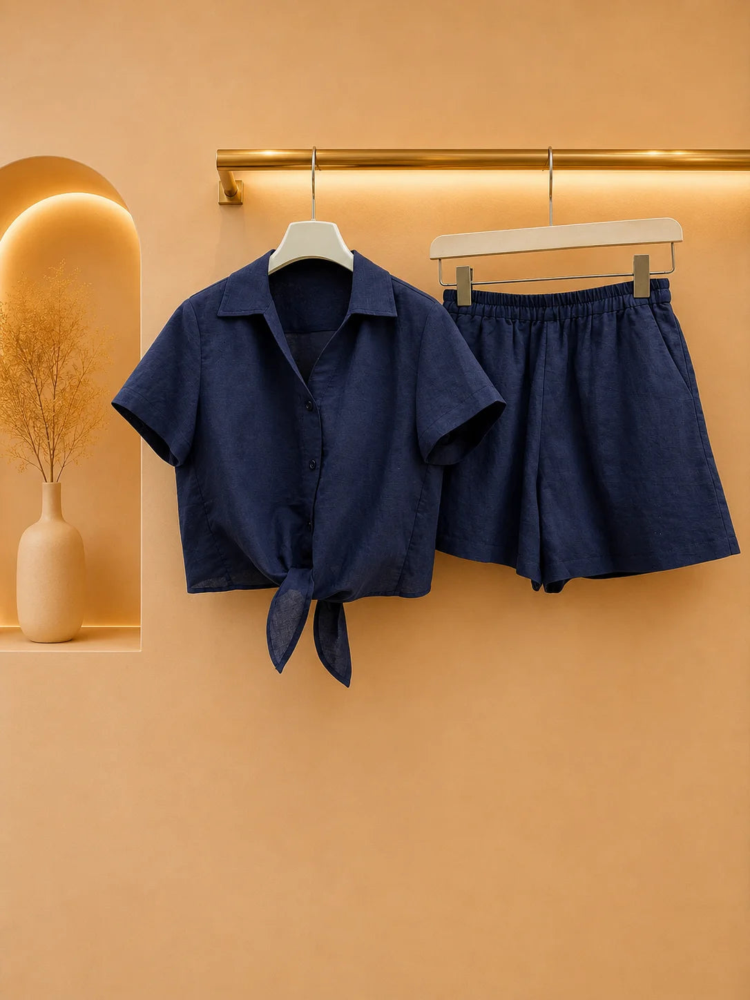 2026 Women Two Piece Set Luxe Texture Linen Knotted Front Shirt Voluminous Short Matching Set