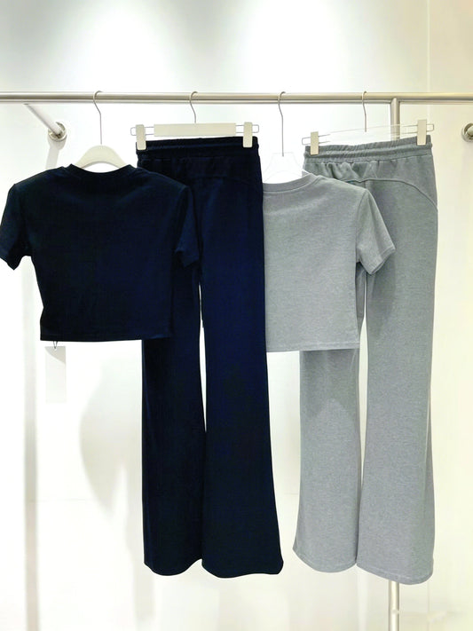 Women's Slim Fit Short Sleeve Top And Flared Pants Two Piece Yoga Set
