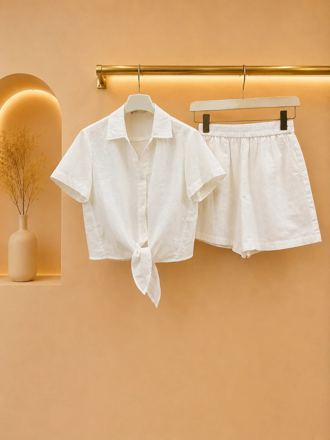 2026 Women Two Piece Set Luxe Texture Linen Knotted Front Shirt Voluminous Short Matching Set