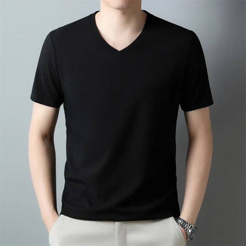 Mens Waffle Knit V Neck Short Sleeve Shirt Summer Top