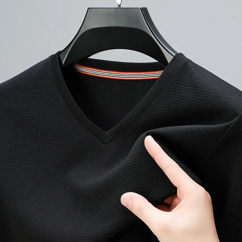 Mens Waffle Knit V Neck Short Sleeve Shirt Summer Top