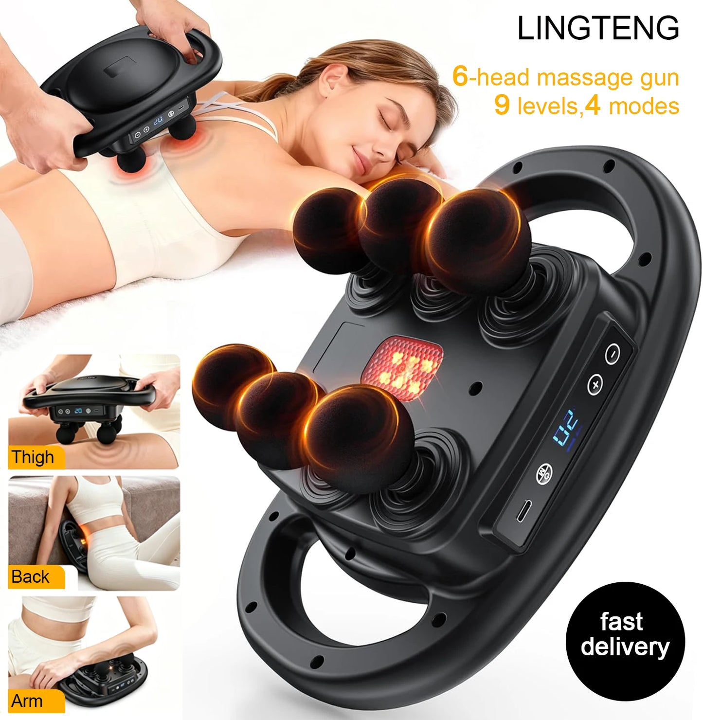 LingTeng Deep Tissue Massage Gun With 6 Heads 9 Levels