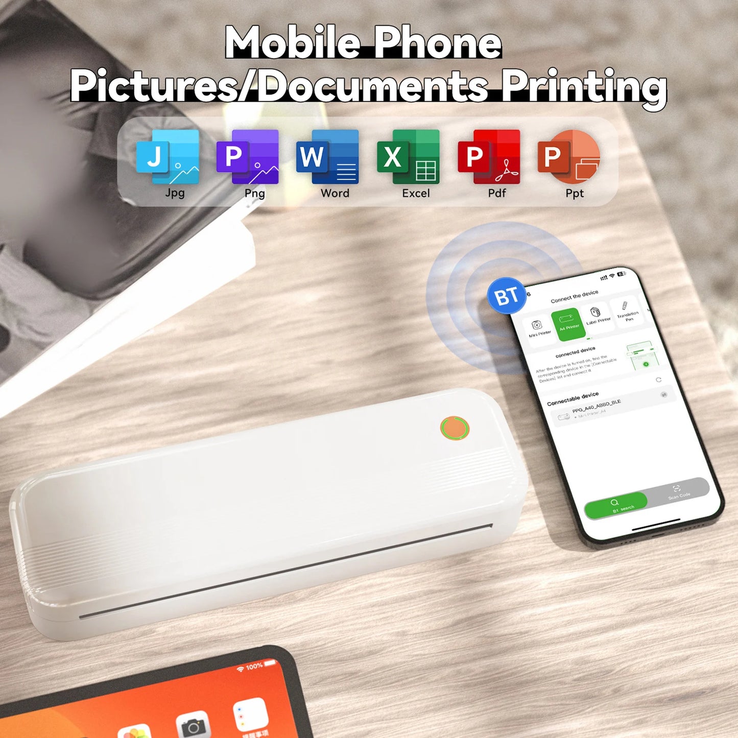 Peripage P40  Portable Thermal Printer Wireless Mobile Photo Printer Support 2''/3''/4''/216mm/210mm & Paper Width Inkless