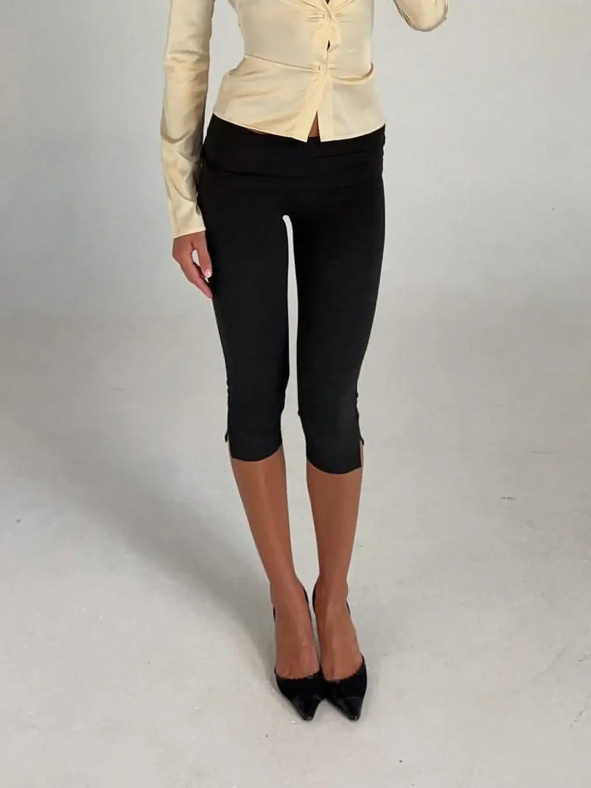 Soft Stretchy Capri Leggings For Women With Fold Over Waist