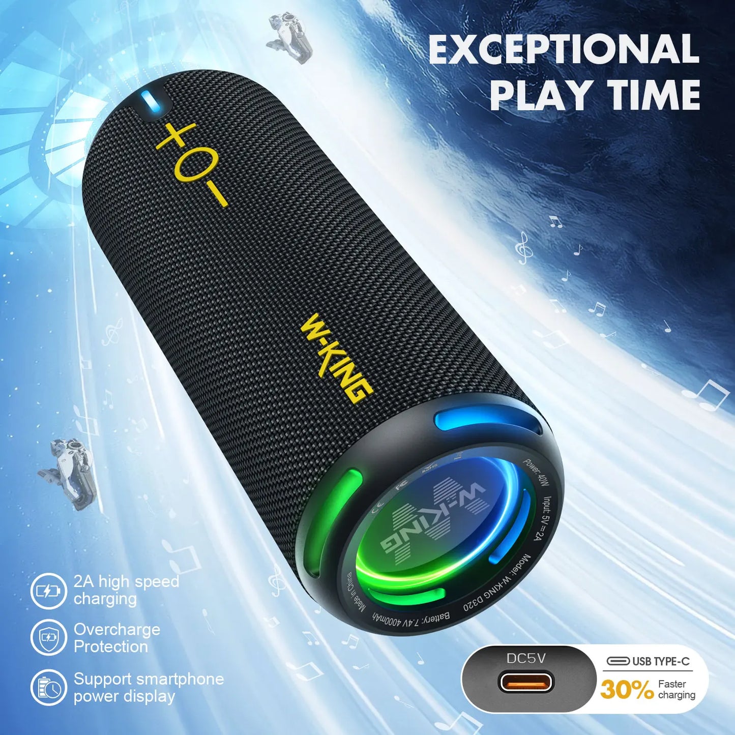 W-King D320 40W Portable Bluetooth Speaker With IP67 Waterproof Lights