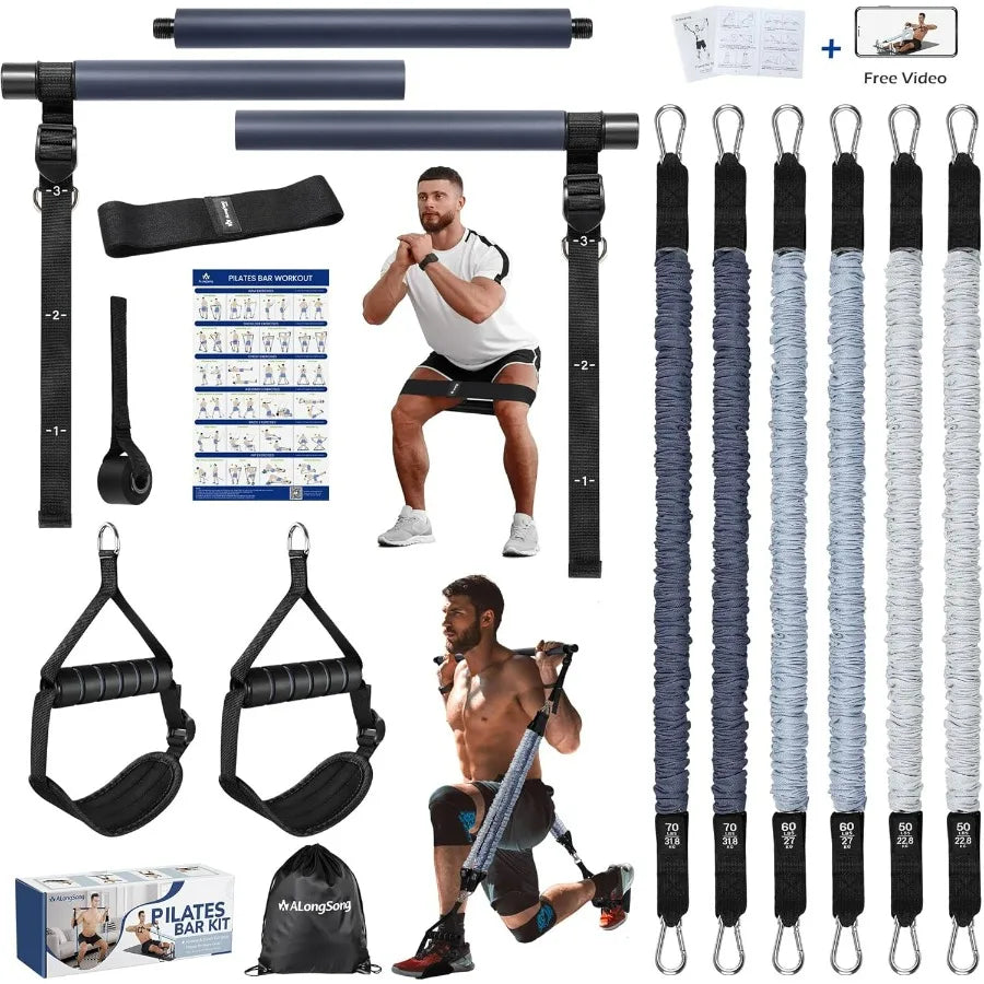 Pilates Bar Kit With Resistance Bands Natural Latex Heavy Duty Stainless Steel
