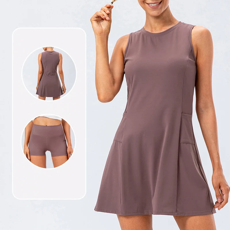 Women Tennis Dress With Built In Shorts Sleeveless Skirt Set With Pockets
