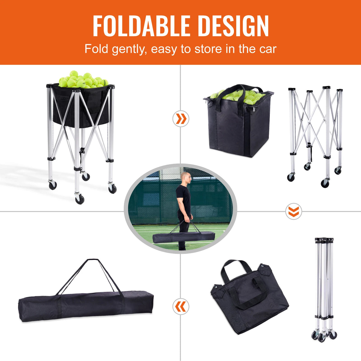 SucceBuy Foldable Tennis Ball Sports Hopper Cart With Wheels