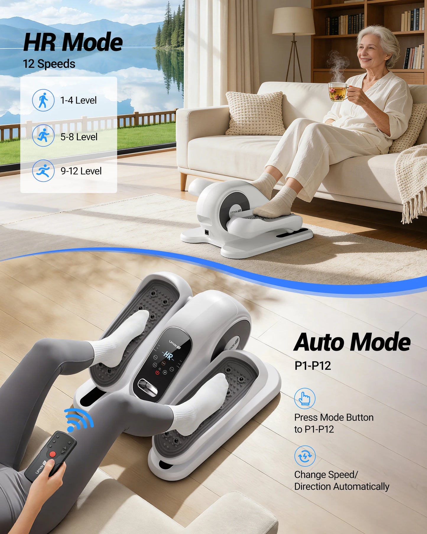UMAY Compact Under Desk Electric Elliptical Machine With 12 Speed Remote Control