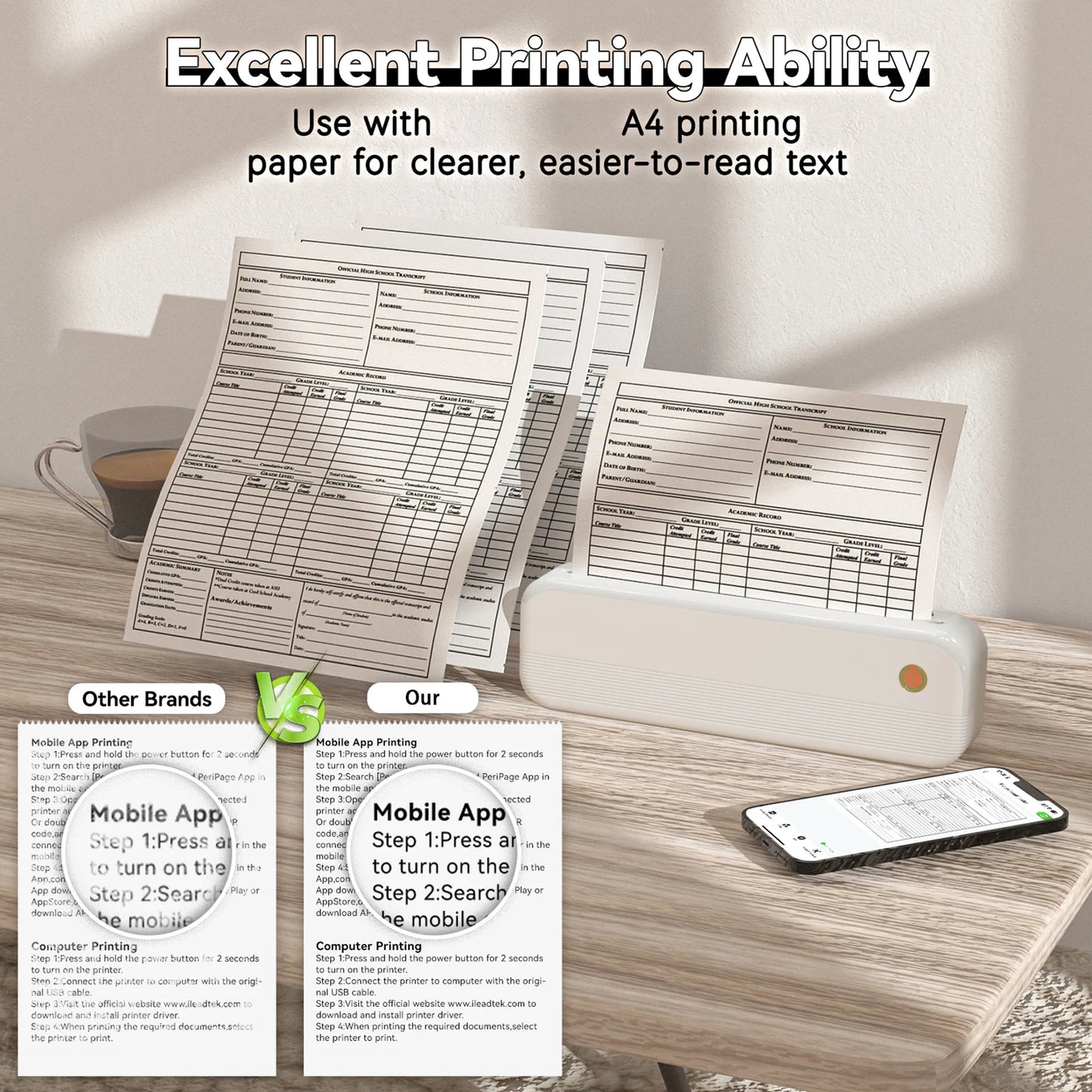 Peripage P40  Portable Thermal Printer Wireless Mobile Photo Printer Support 2''/3''/4''/216mm/210mm & Paper Width Inkless