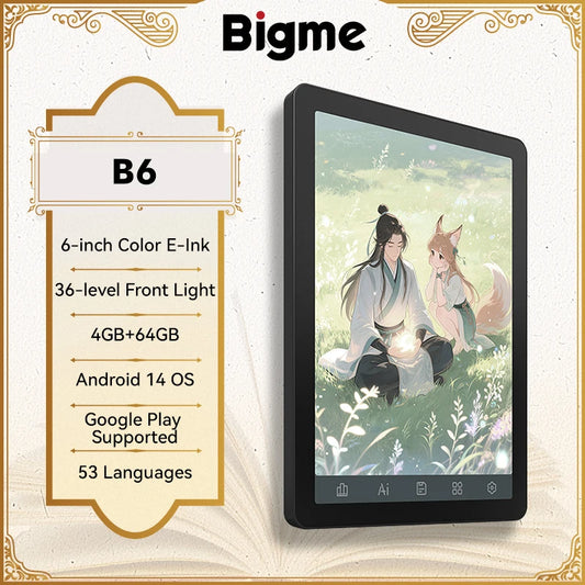 BIGME B6 Ebook Reader Android 14 With 36 Level Front Light Eye Protection