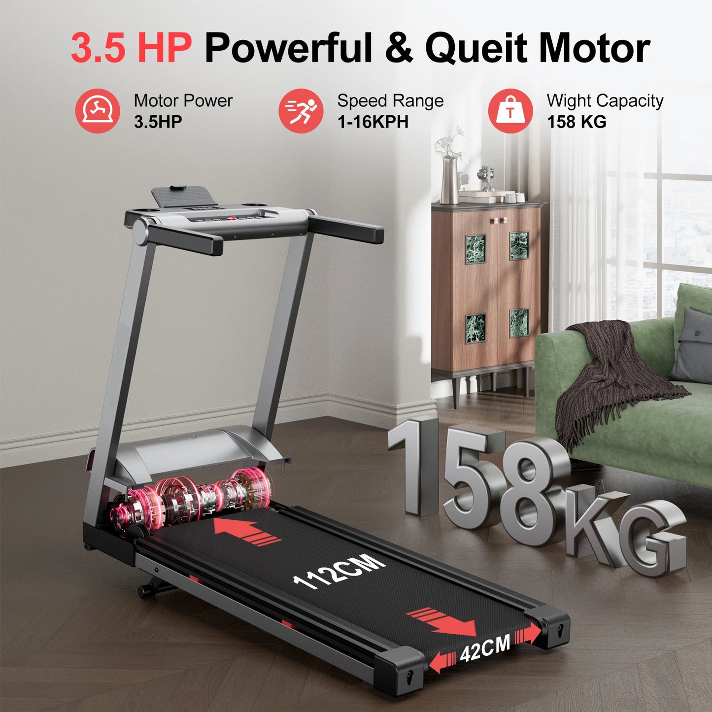 Superun Foldable Incline Treadmill With Touch Screen And Smart App 350LBS