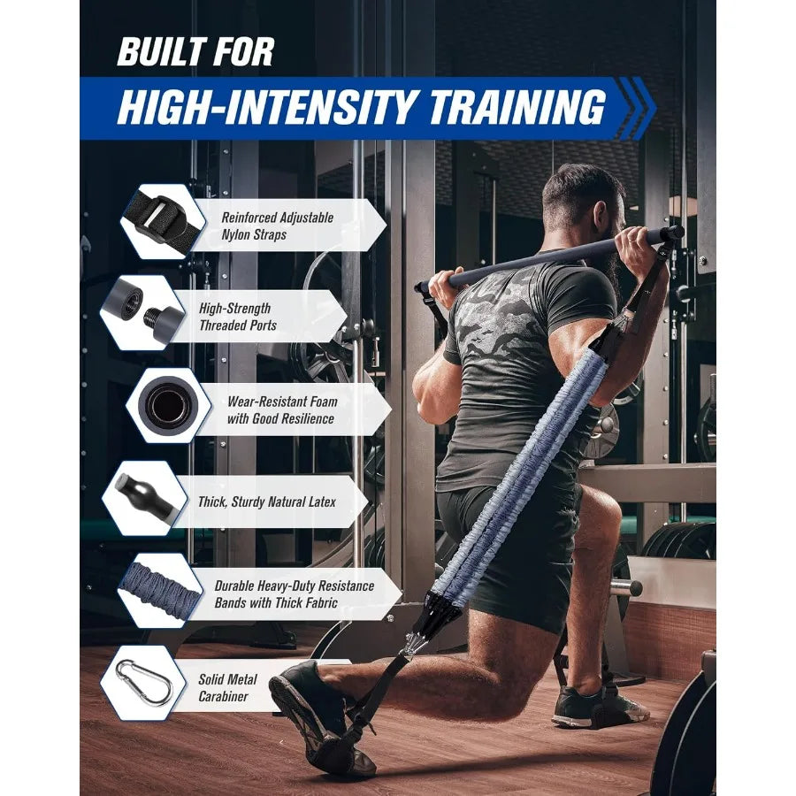 Pilates Bar Kit With Resistance Bands Natural Latex Heavy Duty Stainless Steel