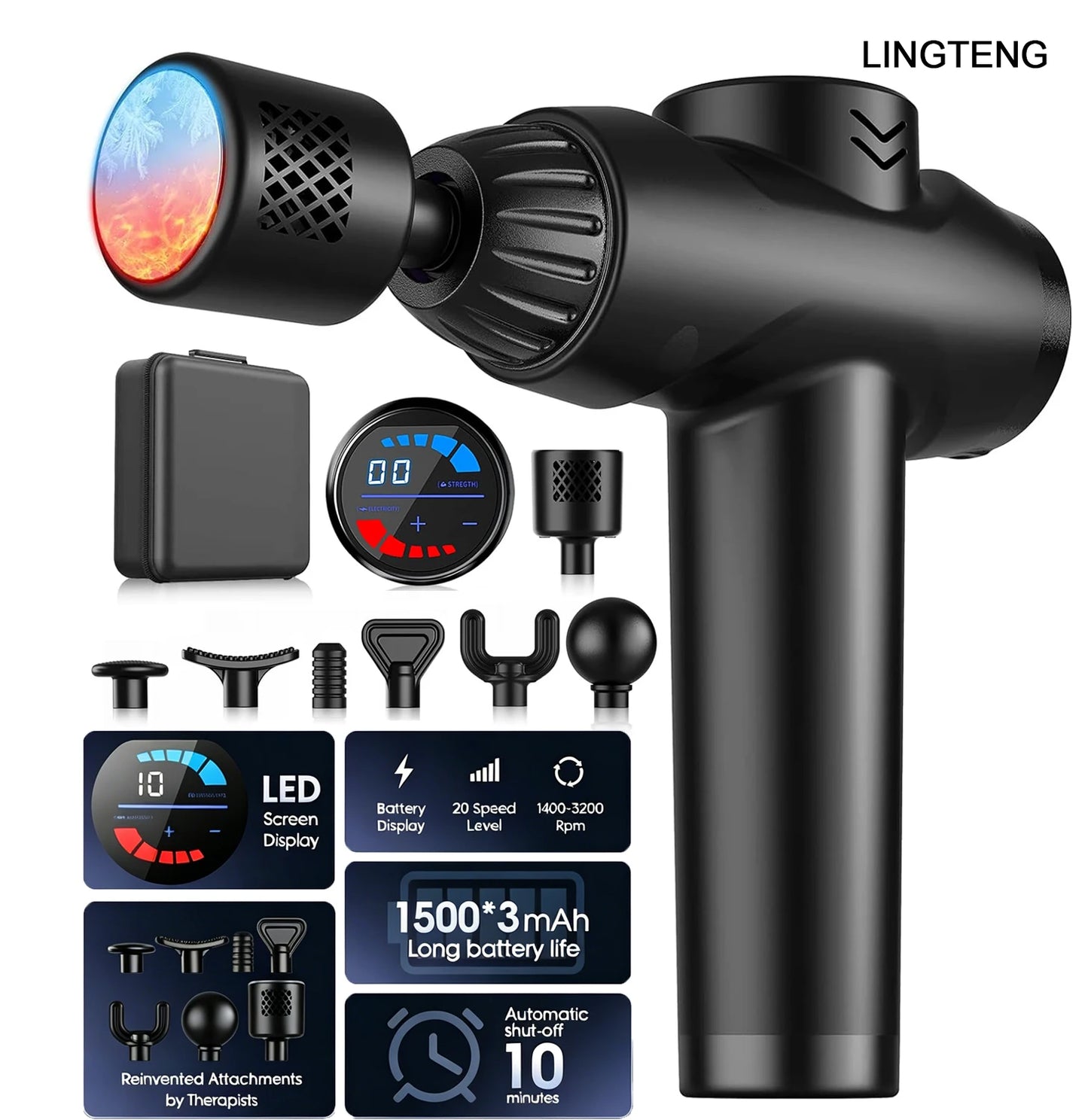 LINGTENG Massage Gun With Heat Cold Therapy 7 Heads