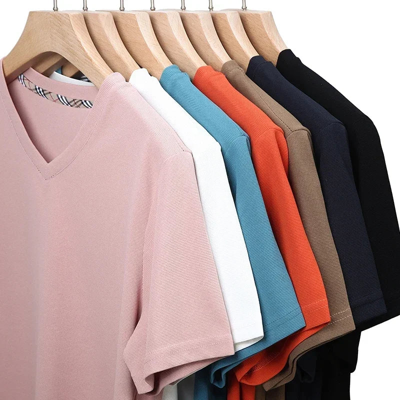 Mens Waffle Knit V Neck Short Sleeve Shirt Summer Top