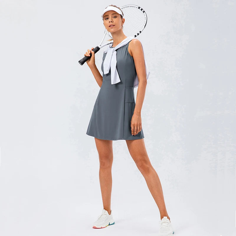 Women Tennis Dress With Built In Shorts Sleeveless Skirt Set With Pockets