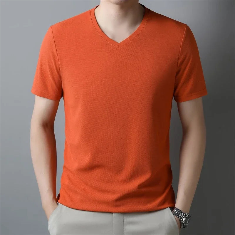 Mens Waffle Knit V Neck Short Sleeve Shirt Summer Top