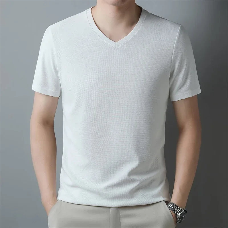 Mens Waffle Knit V Neck Short Sleeve Shirt Summer Top