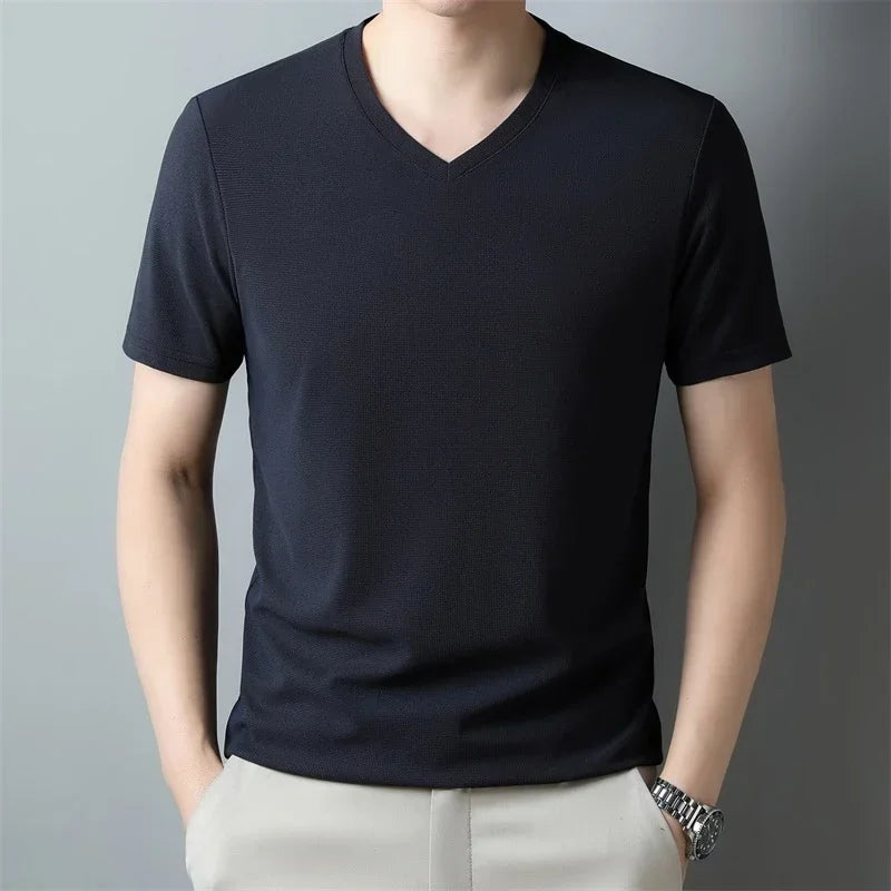 Mens Waffle Knit V Neck Short Sleeve Shirt Summer Top