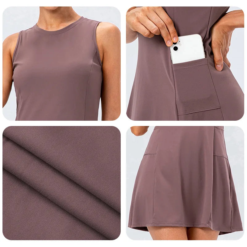 Women Tennis Dress With Built In Shorts Sleeveless Skirt Set With Pockets