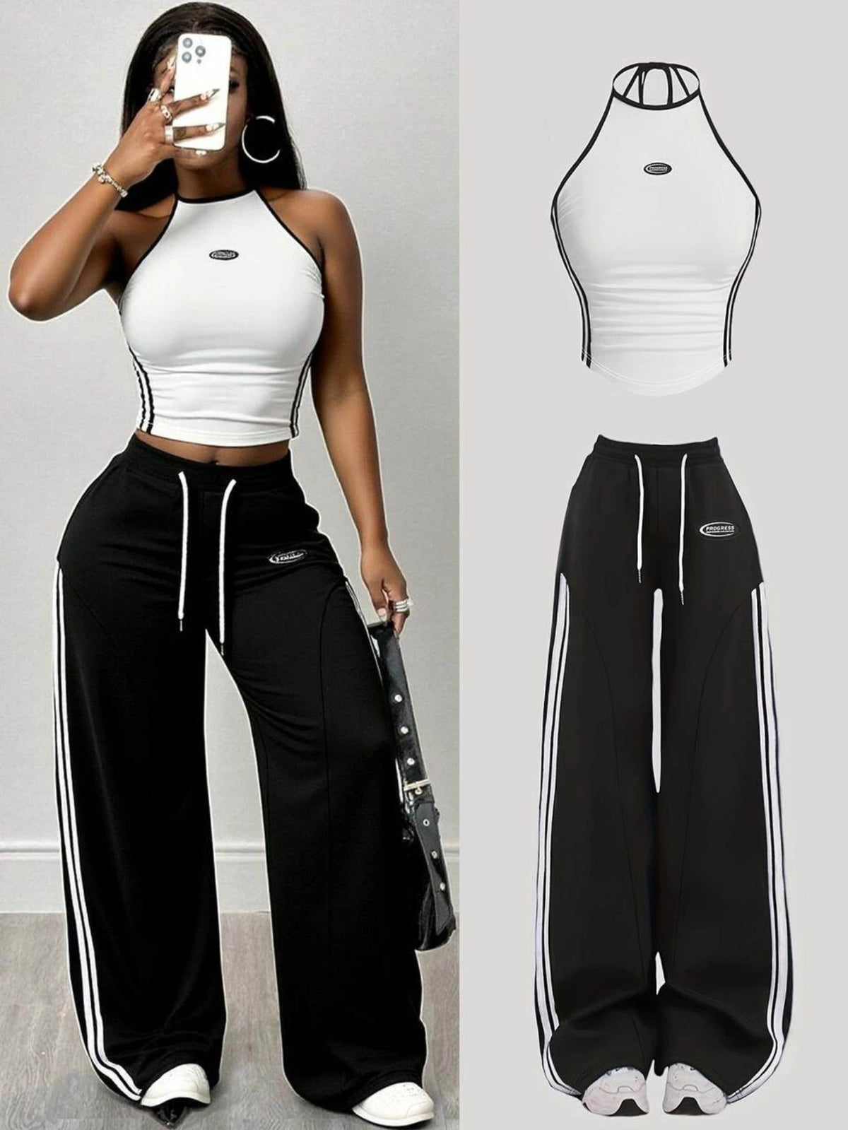 Women Halter Striped Crop Top With Drawstring Wide Leg Pants
