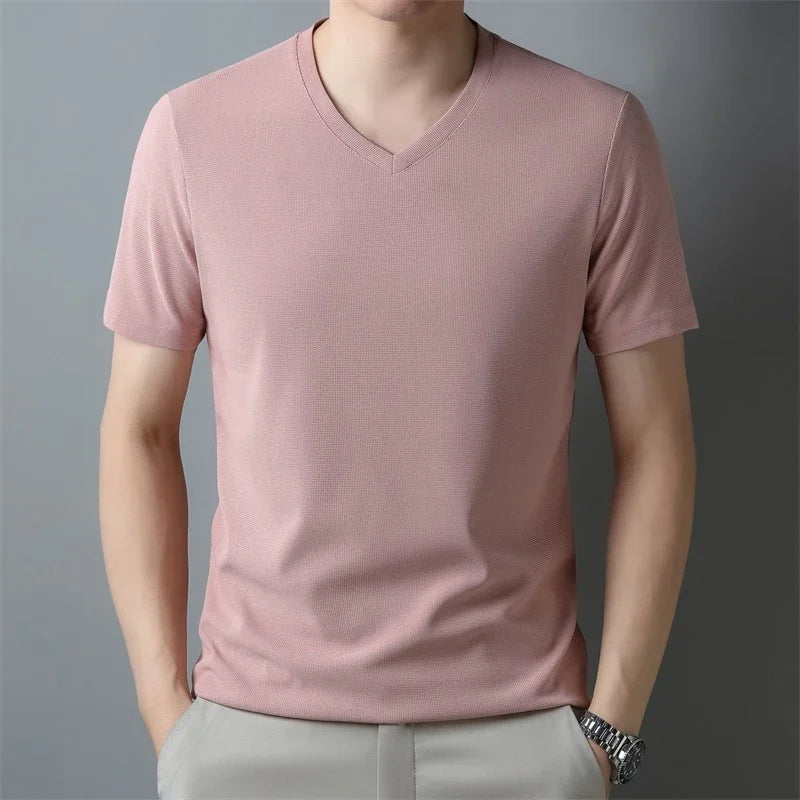 Mens Waffle Knit V Neck Short Sleeve Shirt Summer Top