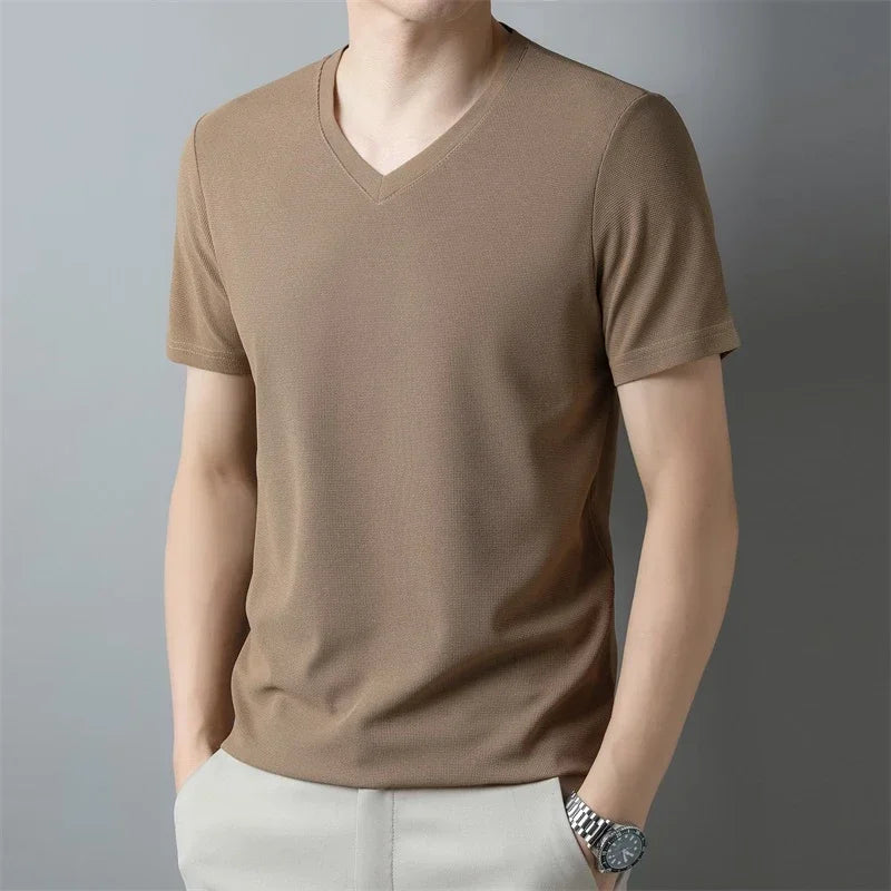 Mens Waffle Knit V Neck Short Sleeve Shirt Summer Top