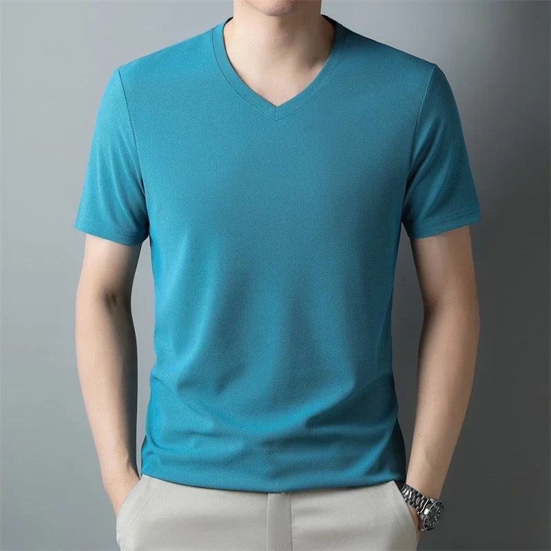 Mens Waffle Knit V Neck Short Sleeve Shirt Summer Top