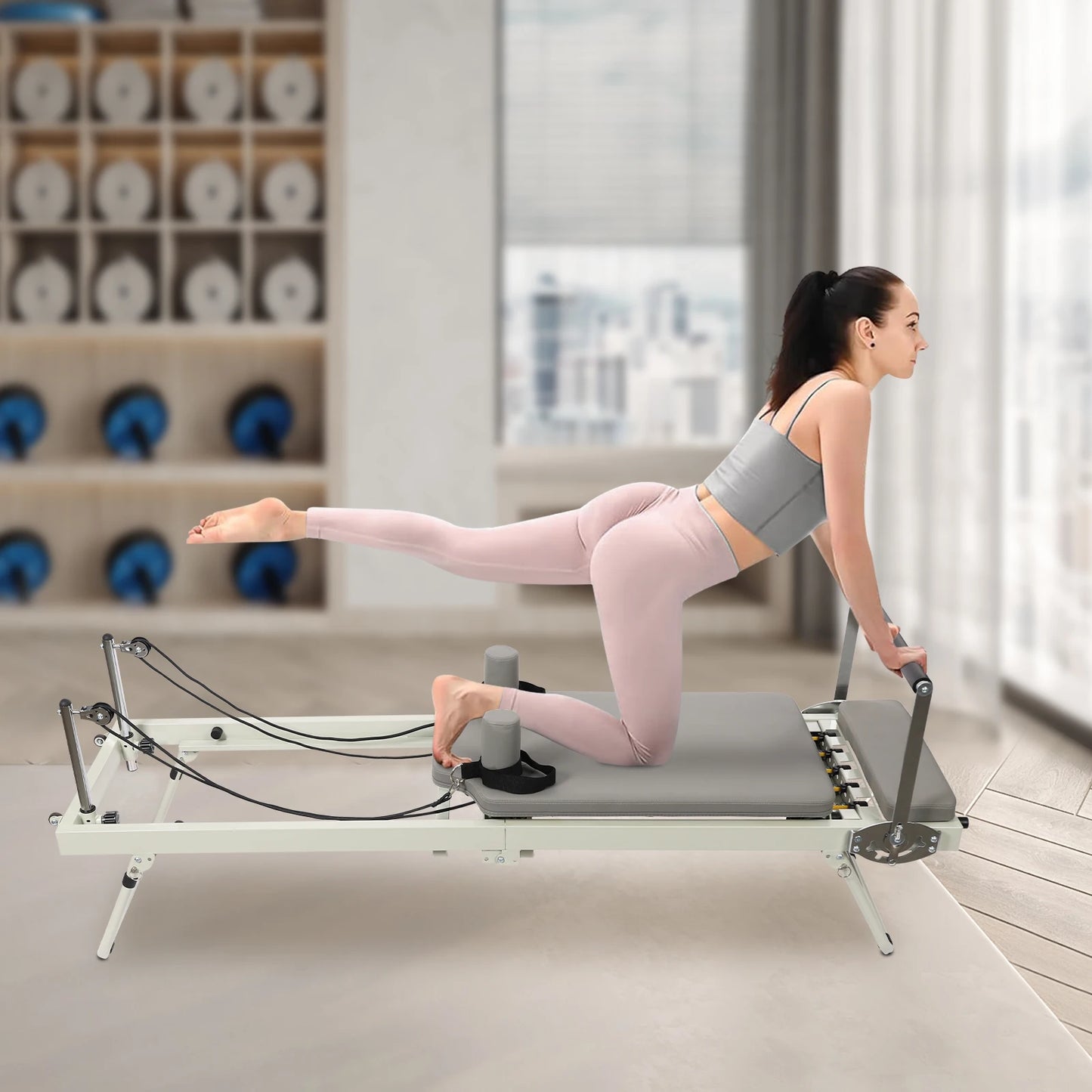 Pilates Reformer Foldable Home Use Machine With Dual Springs And Cords