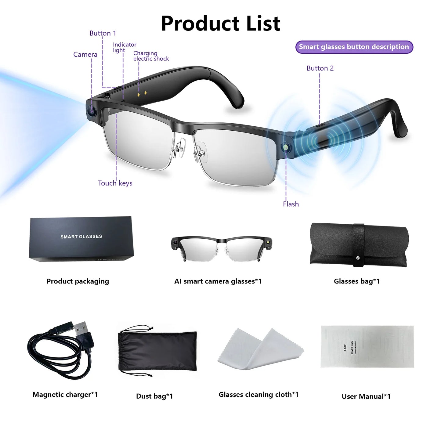 Smart AI Glasses With ChatGPT 8MP Camera Real Time Translation