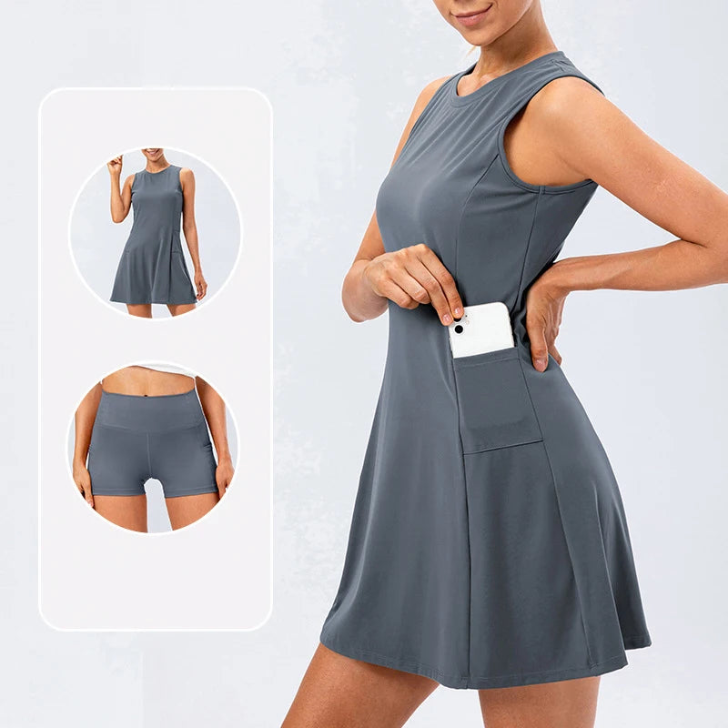 Women Tennis Dress With Built In Shorts Sleeveless Skirt Set With Pockets