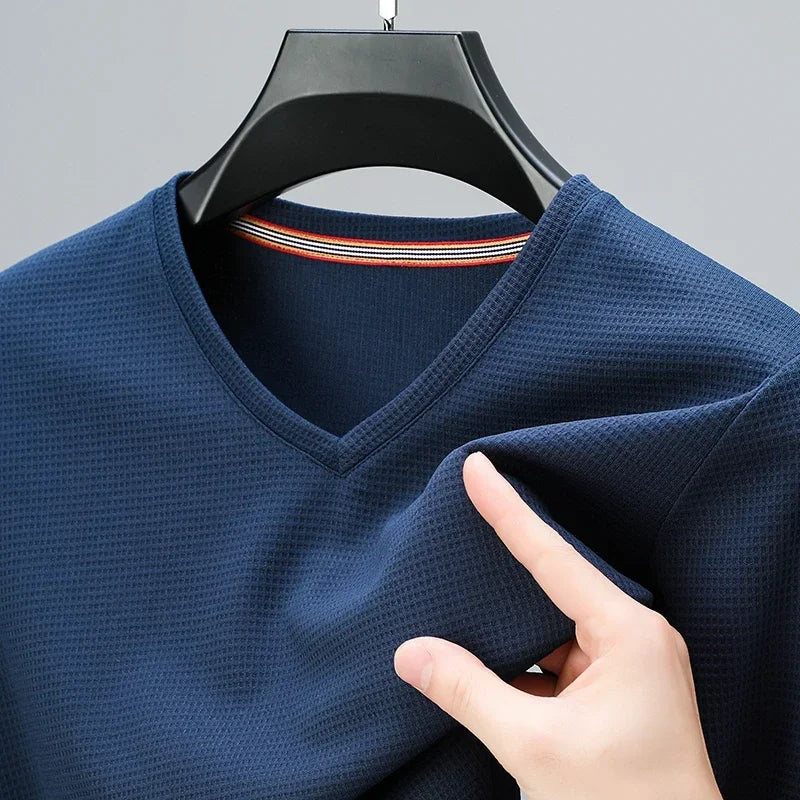 Mens Waffle Knit V Neck Short Sleeve Shirt Summer Top