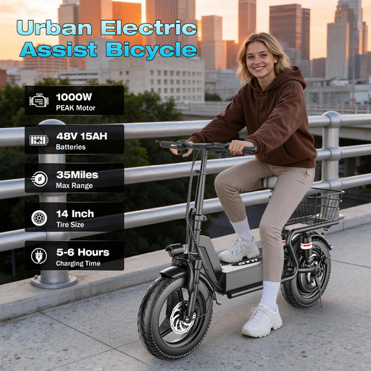 ASKGO Foldable Electric Scooter With Seat, 1000W Motor And Basket