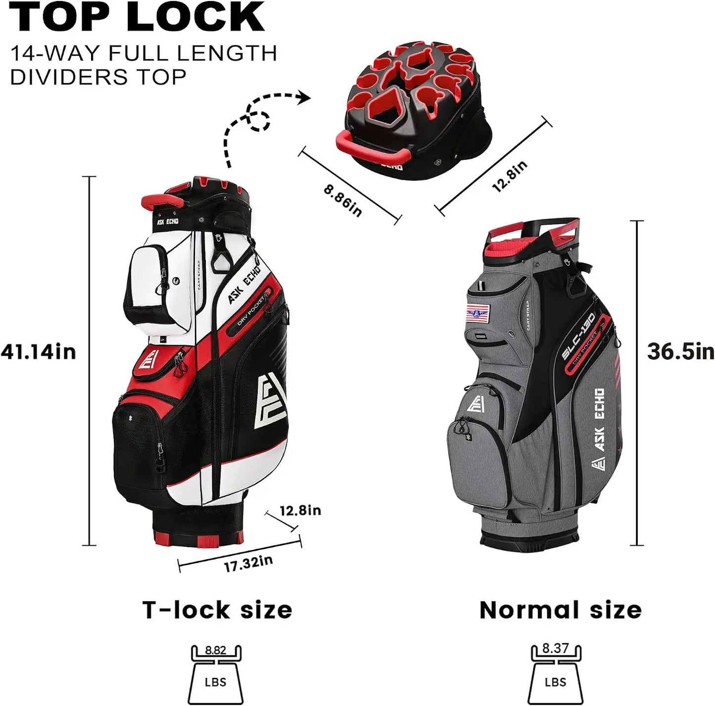 T-Lock Golf Cart Bag With 14-Way Organizer And Rain Cover